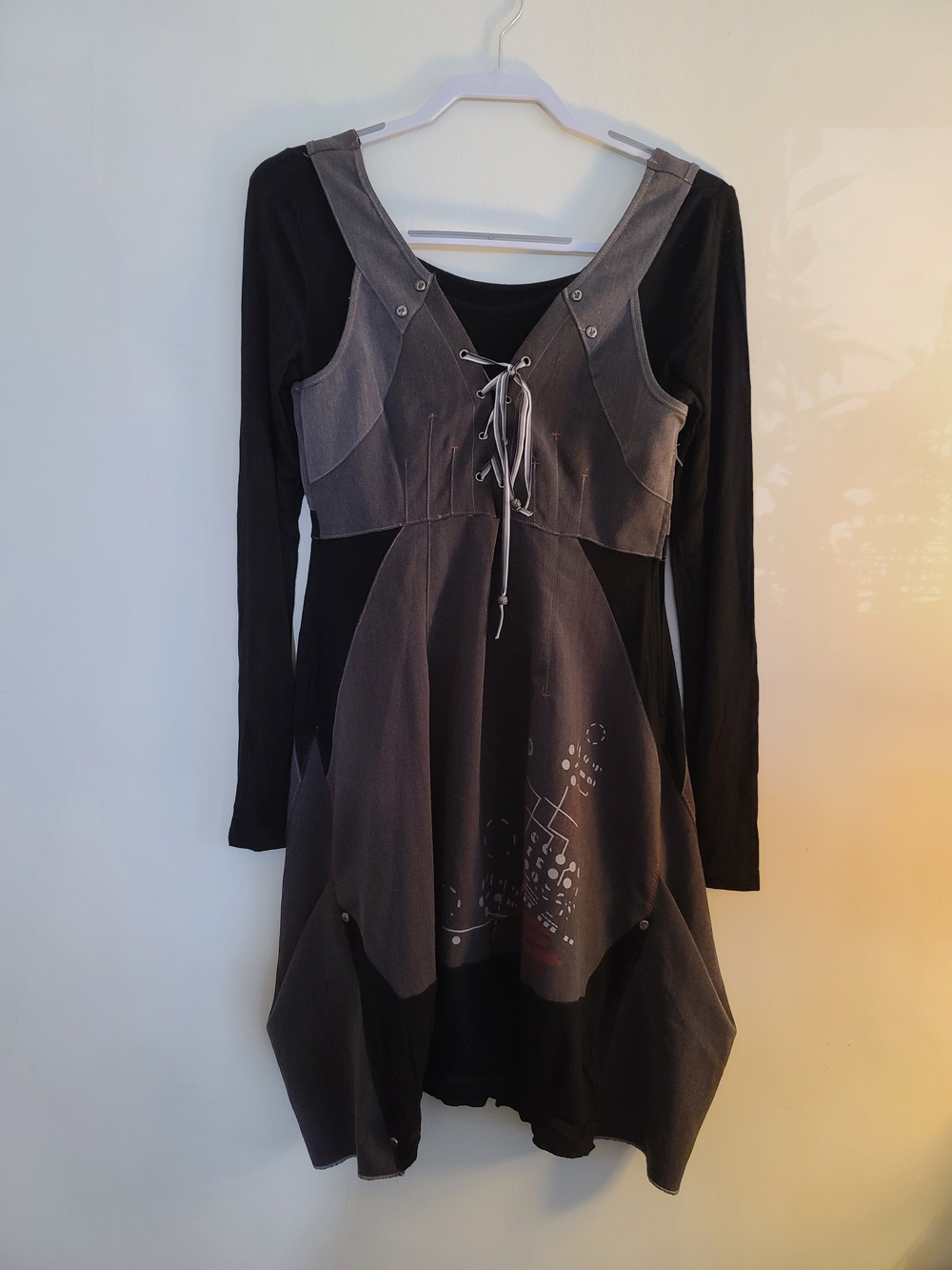 NEW Euro Avant-Garde Gothic Dark Academia Patchwork Lace-Up Midi Dress - M